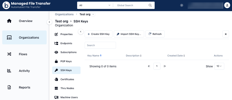screenshot of the SSH key screen