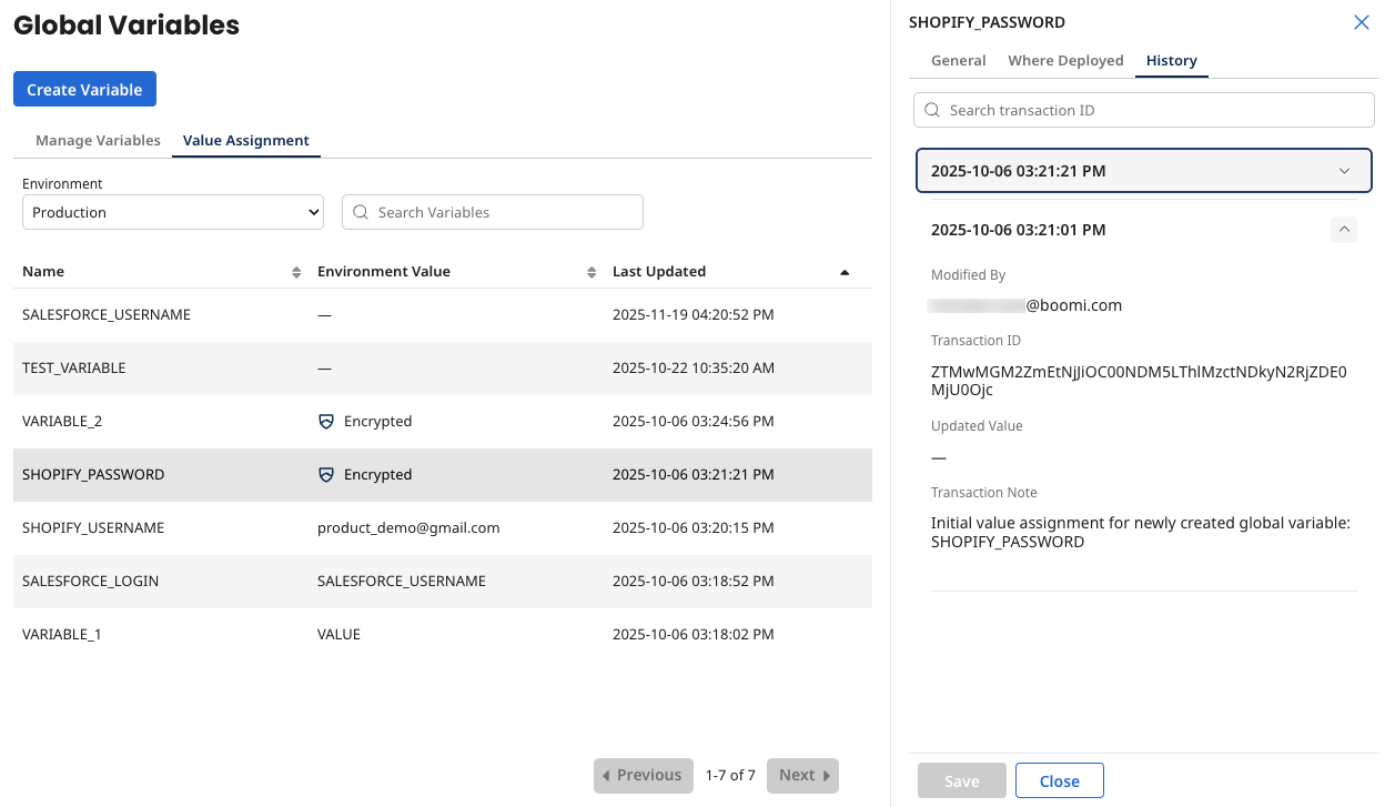 the value assignment screen, showing a selected variable and the information panel with the history tab displayed. a transaction is expanding, showing the details of the variable update