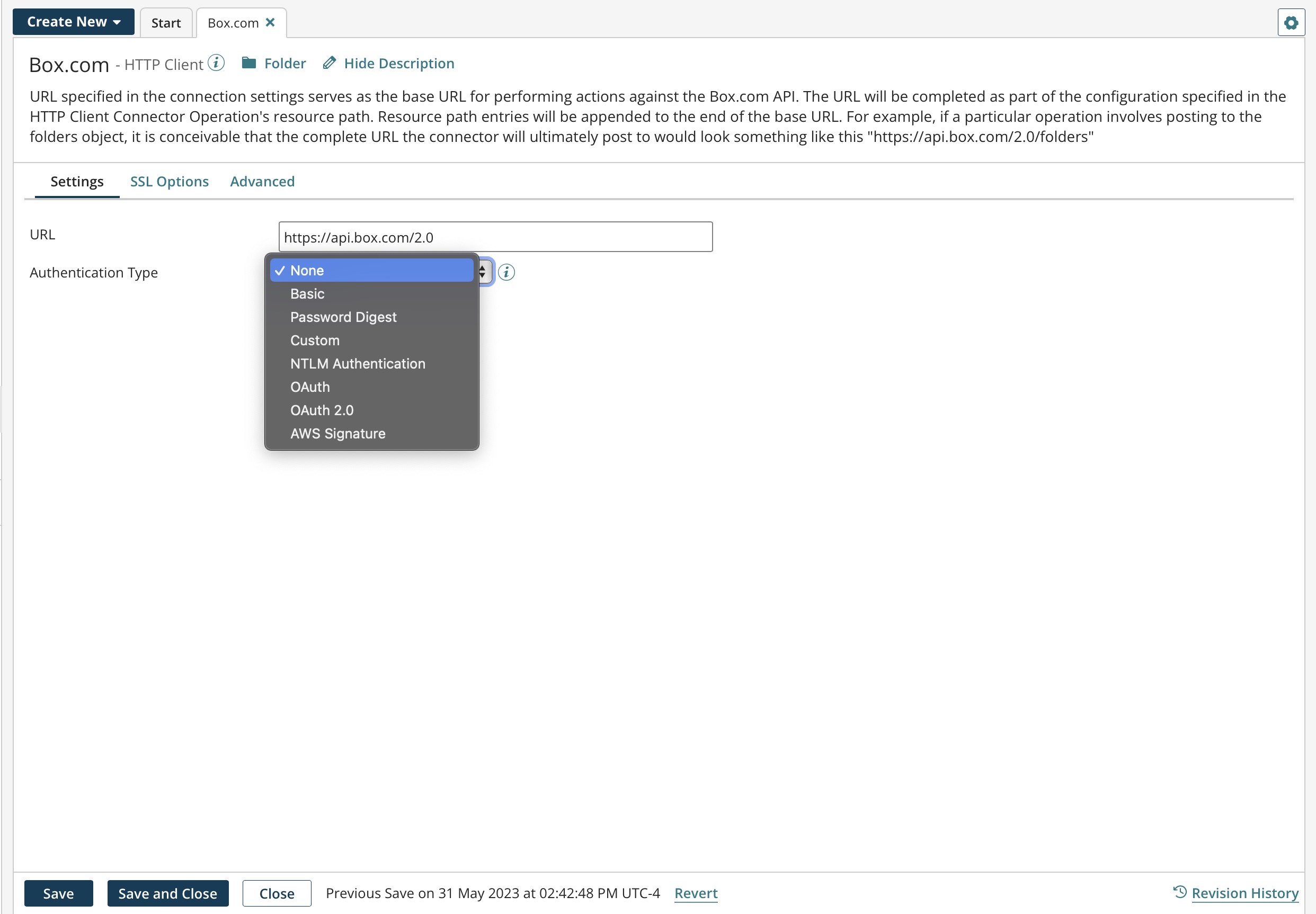 HTTP client connection with AWS Signature as the authentication type.
