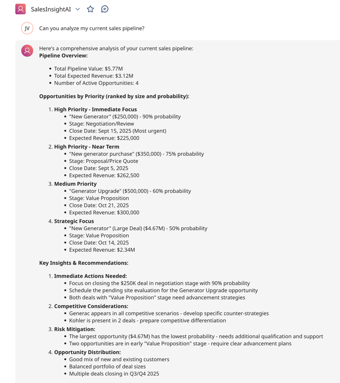 screenshot of the agent output in chat