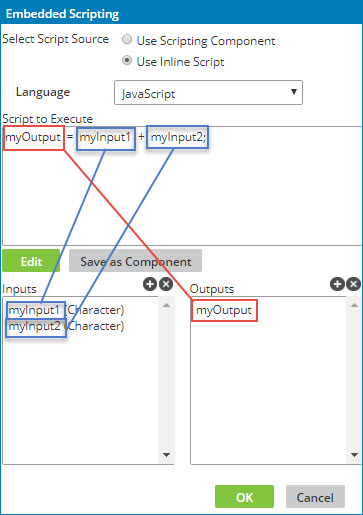 Embedded Scripting dialog annotated to identify the example function’s inputs and outputs