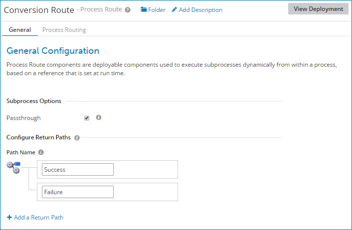 General tab in the Process Route component configuration dialog