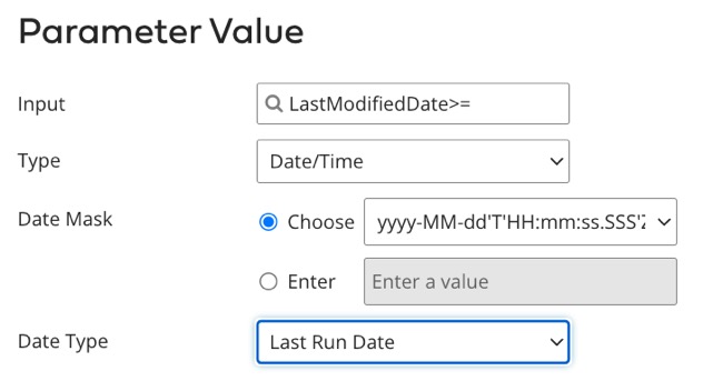 Specifying the value of a parameter to select only records that have been modified since the most recent execution of the process