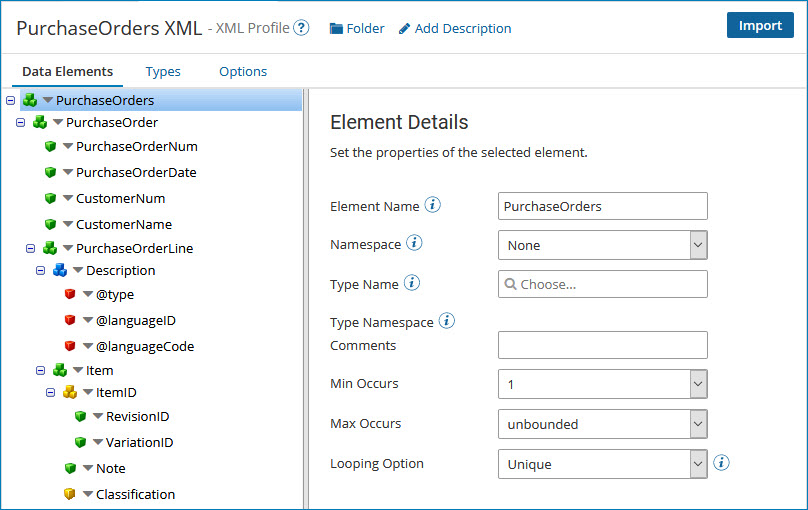 XML profile with element selected