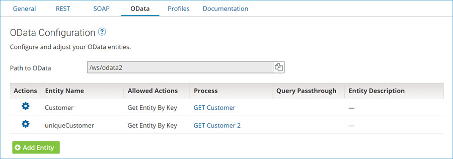 OData Configuration screen.