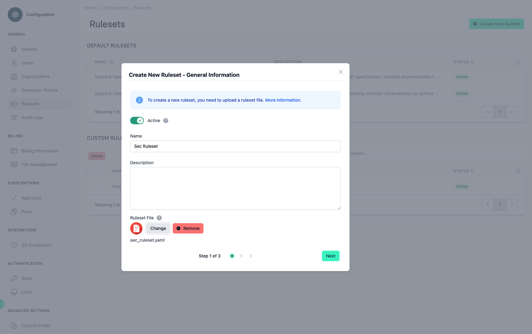 Administration Portal - Configuration - Rulesets - Create New Rulesets