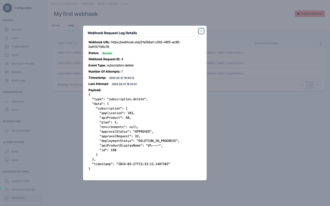 Administration Portal - Configurations - Webhooks - New Webhook - Log Details