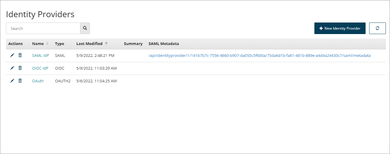 The Identity Providers page shows all the identity providers configured in your tenant