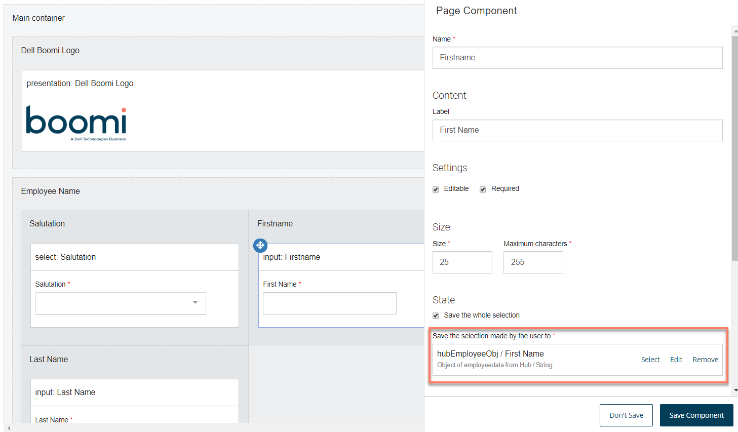 Setting up the page step to display a table