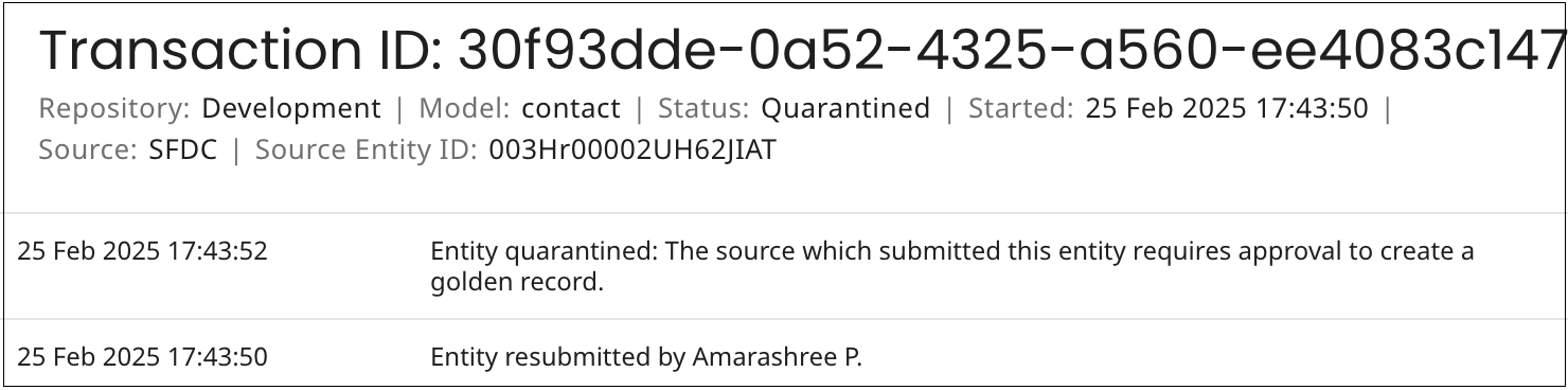 Example view of the details about the transaction associated with an entity