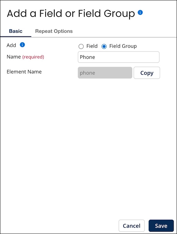 Adding a field group named Phone