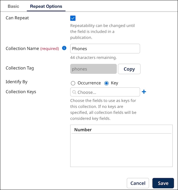 Repeat Options tab in the Modify Field Group Properties dialog