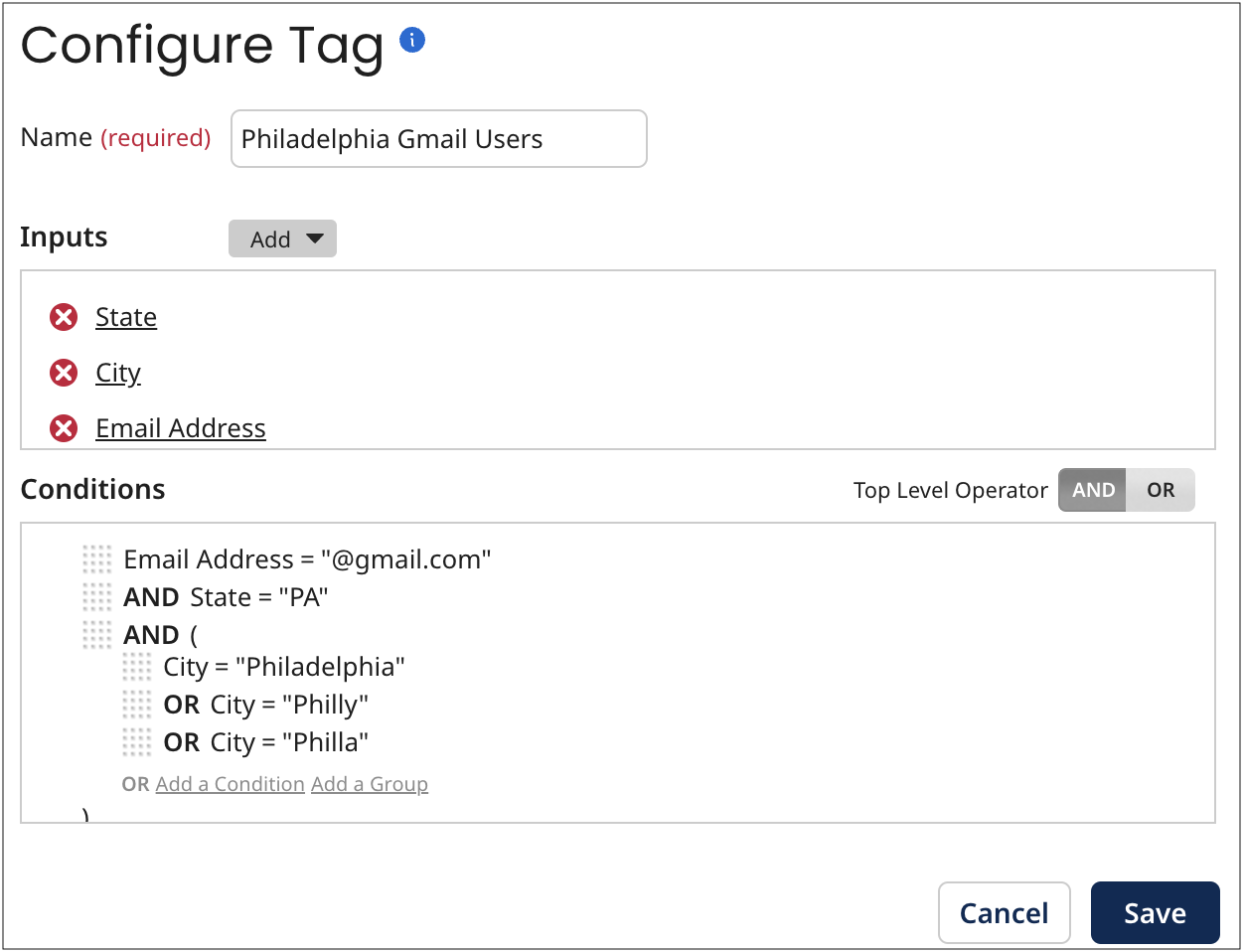 Example of the Configure Tag dialog with the tag Philadelphia Gmail Users ready to be added.