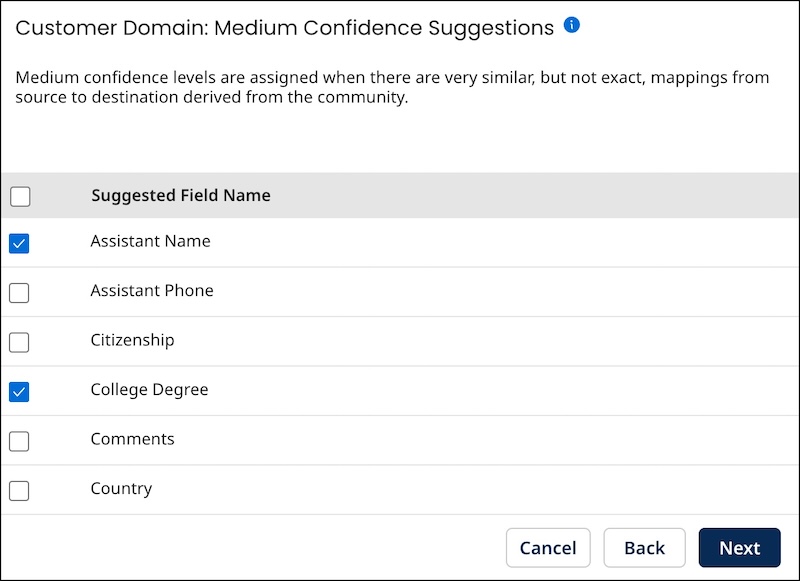 Boomi Suggest wizard: Medium Confidence Suggestions screen