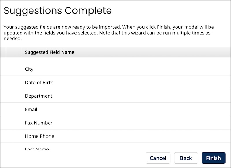 Click Finish to update the model with the fields you selected.
