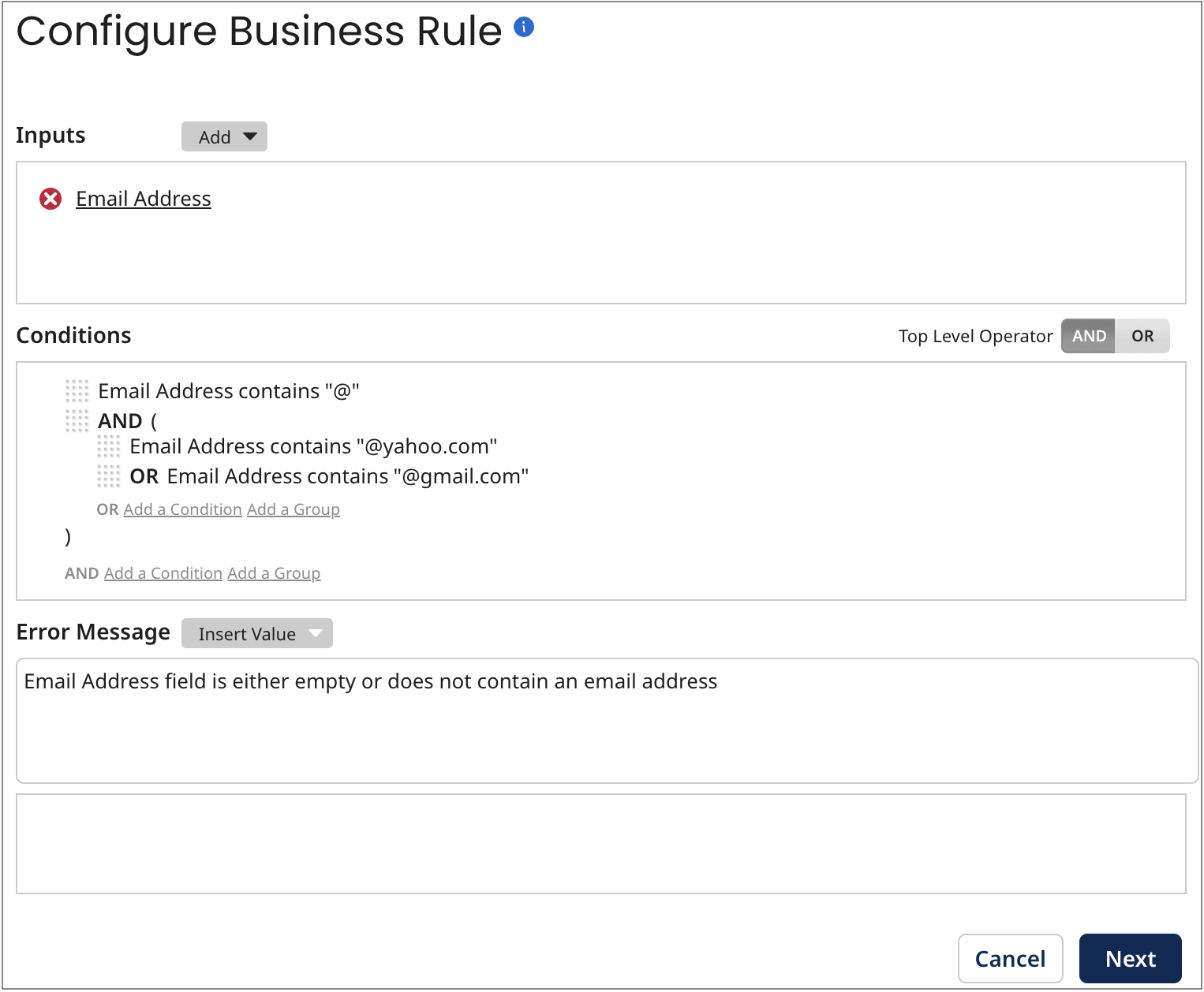 Error Message section of the Configure Business Rule screen