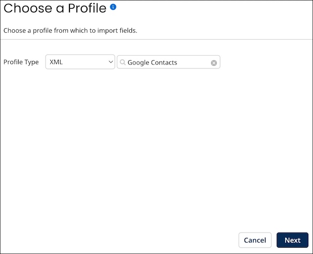 Choose an XML profile from which to import fields.