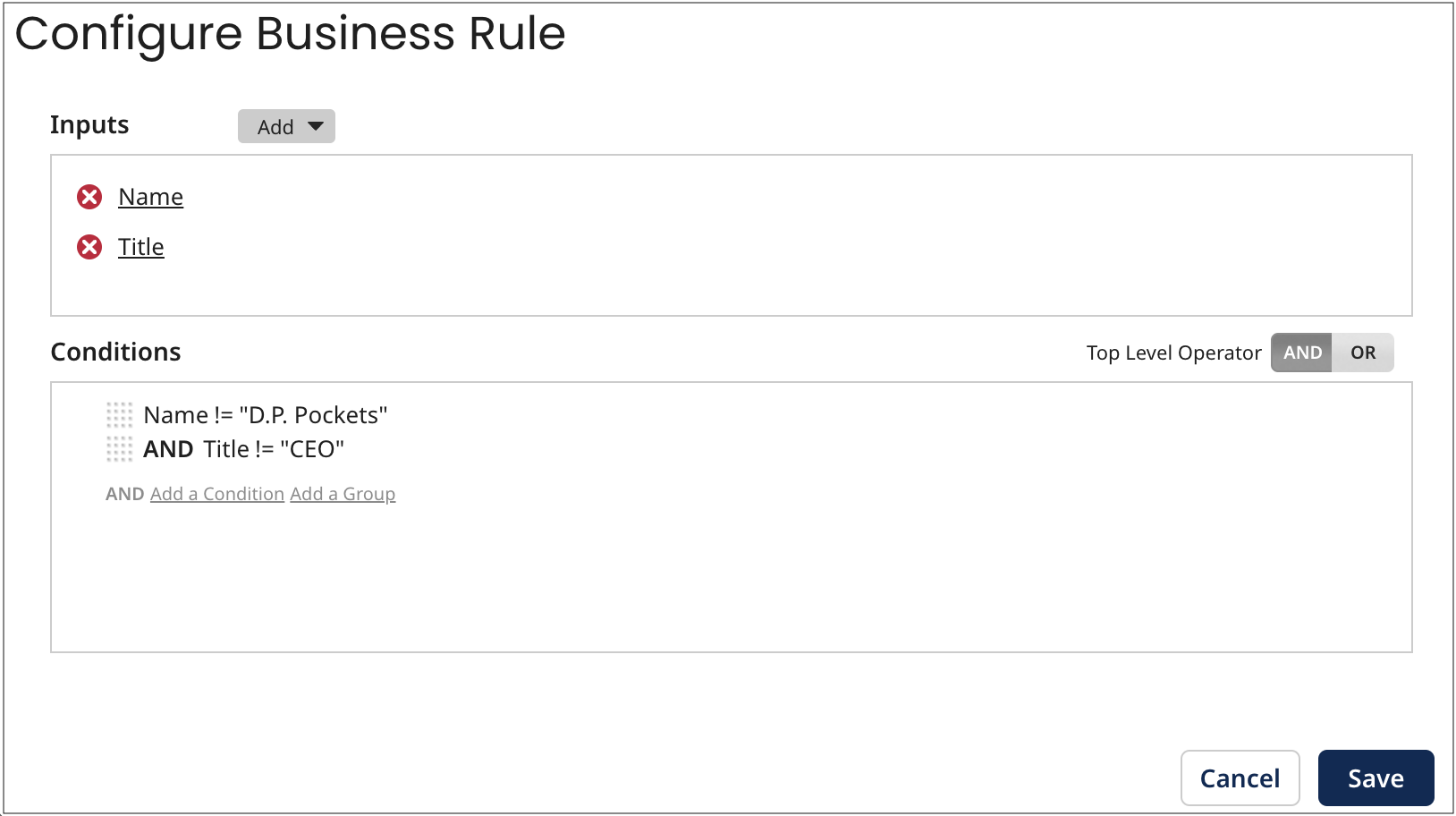 Configure Business Rule dialog