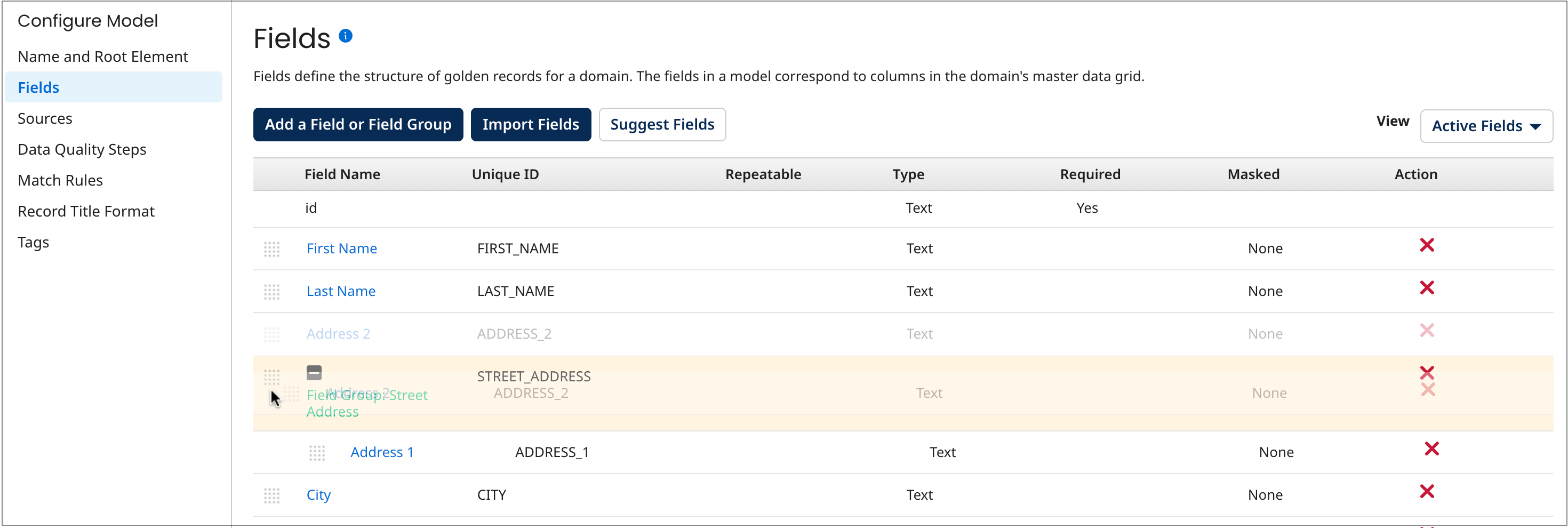Dragging and dropping the field Address 2 into the field group Street Address