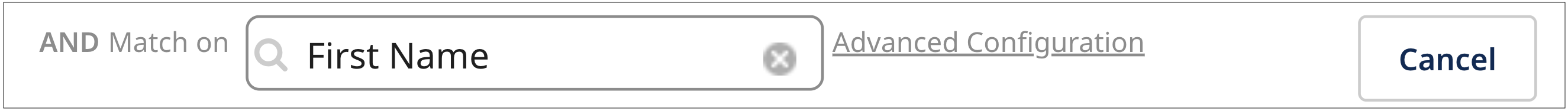 Fields in the model are available for selection in the Match on list. In this example the field First Name is selected.