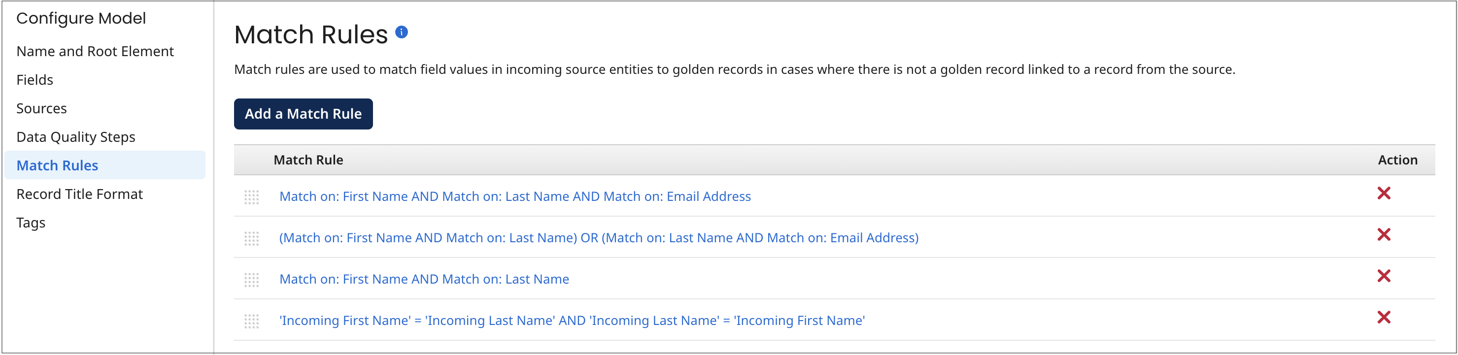 This example of the Match Rule tab in the model page shows four match rules.