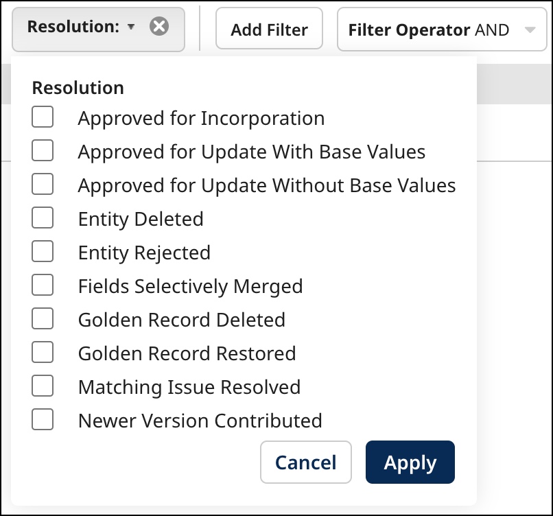 Dialog used to filter resolved quarantine entries by resolution