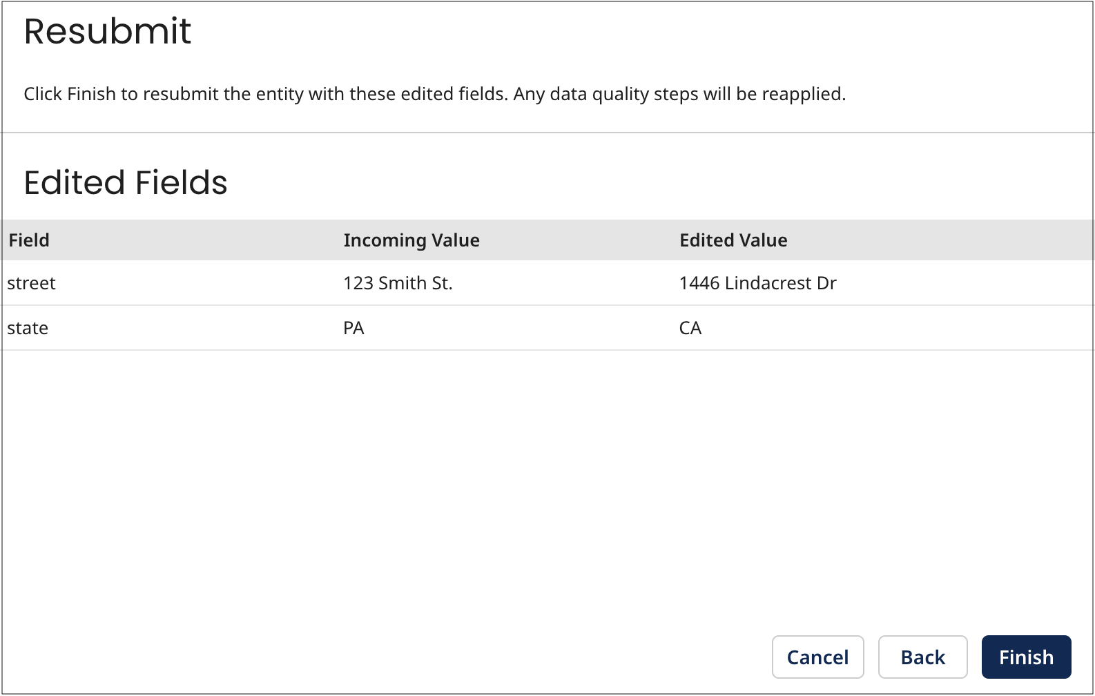 Resubmit screen in the Edit and Resubmit Entity wizard