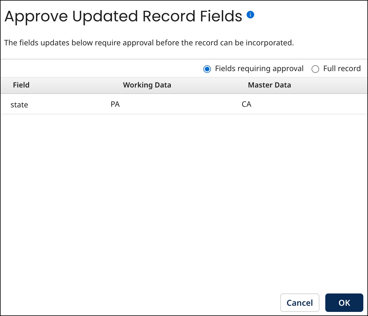 Approve Updated Record Fields dialog