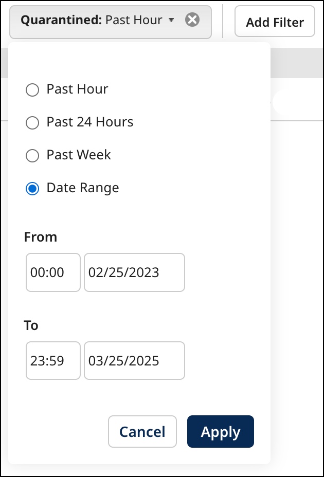 Dialog used to filter quarantine entries by a time span