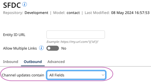 the image shows the model source configuration with Channel updates contain set to All Fields