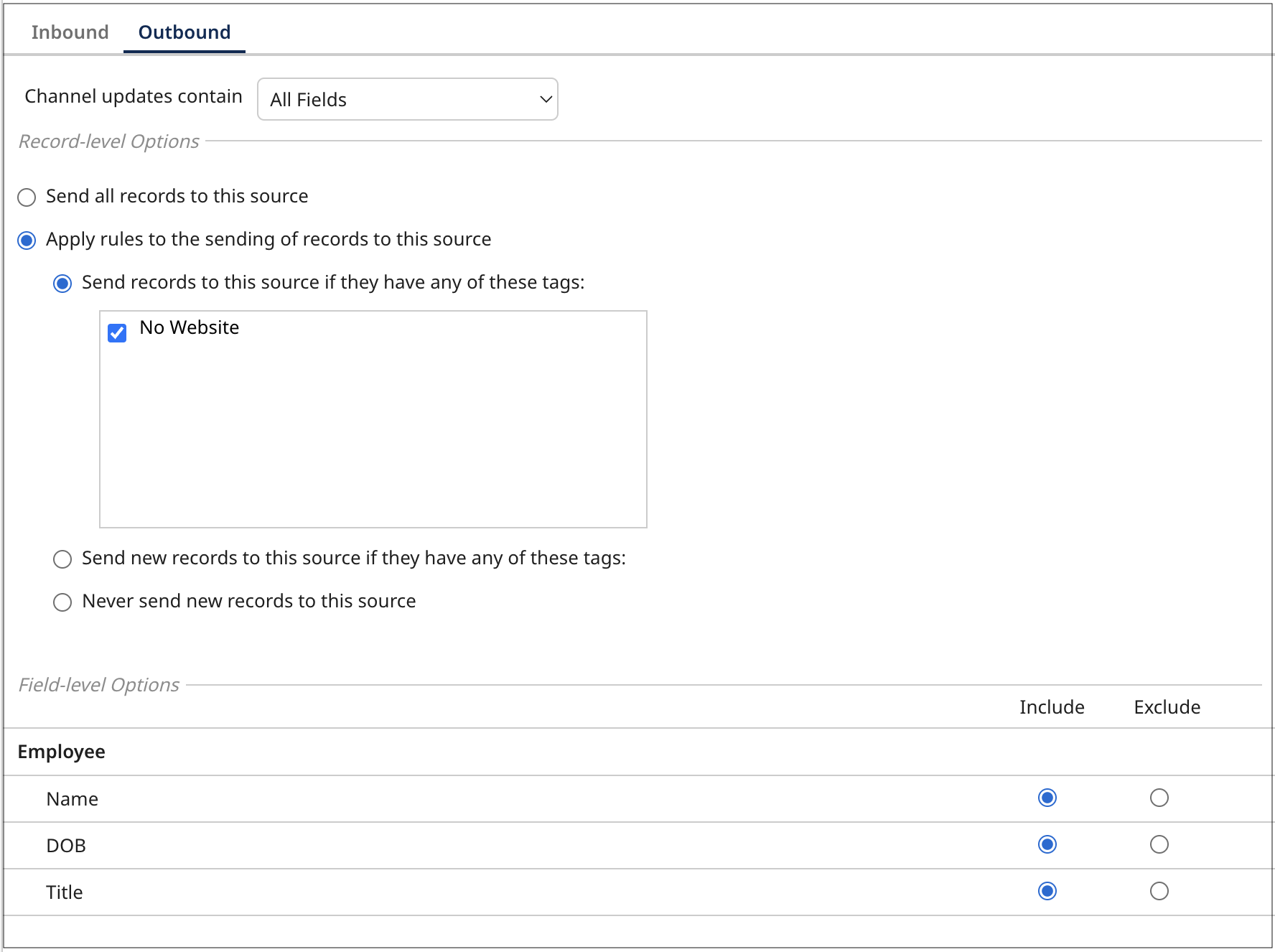 In this example of the source configuration dialog, the Outbound tab is selected.