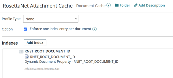 The Document Cache component configuration settings showing the RNET_ROOT_DOCUMENT_ID dynamic document property added as an index.