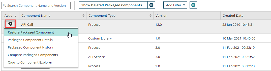 Cursor selects the Restore Packaged Component option from the Action menu.
