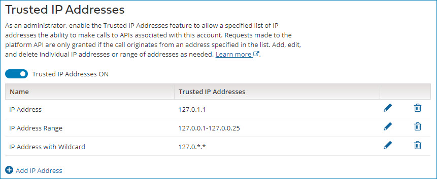 Trusted IP Addresses page with 3 addresses in IP address list.