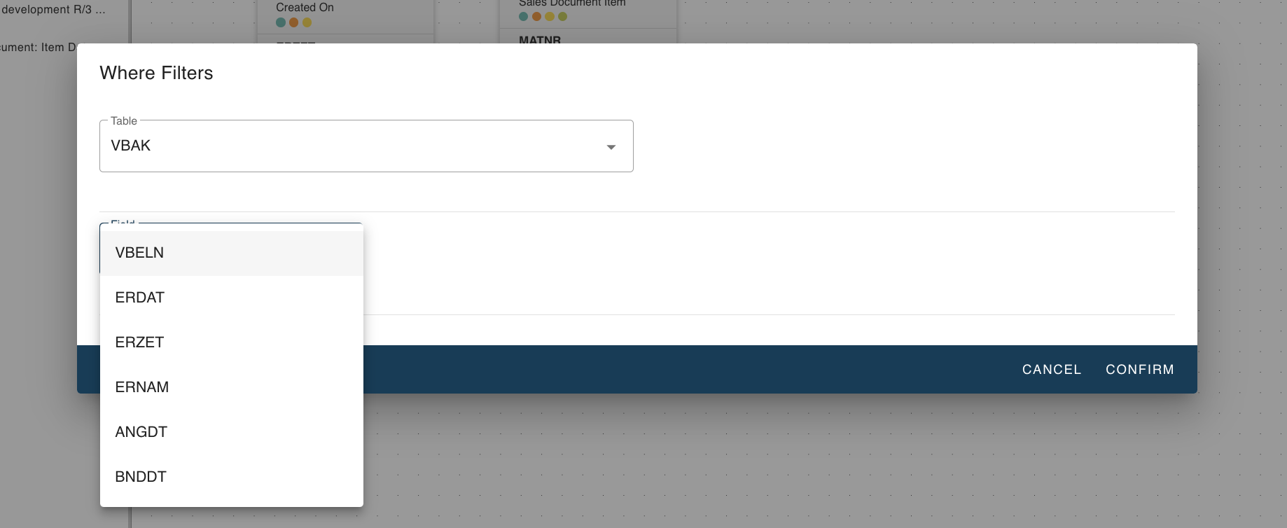 Available Tables for filter