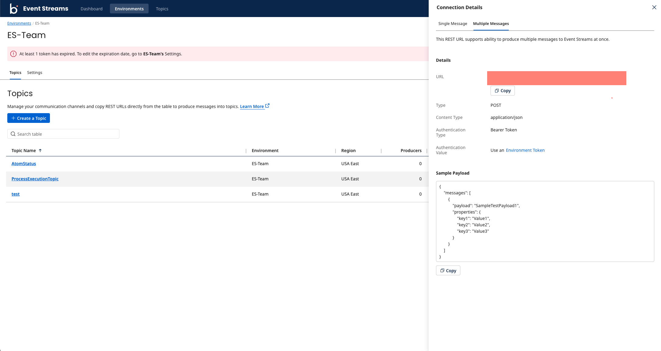 Event Streams REST URL