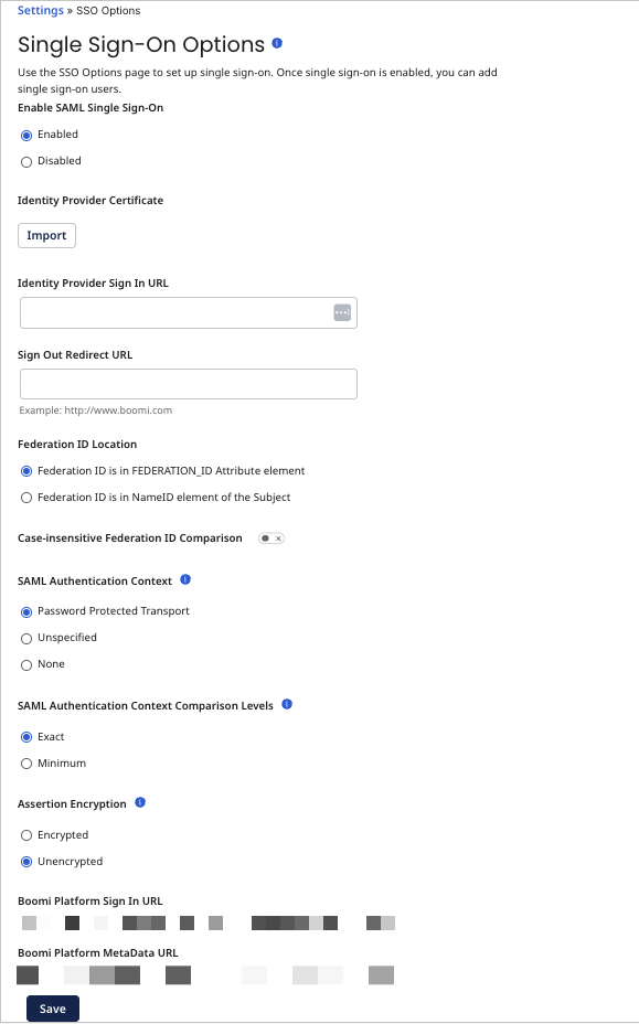 The SSO Options Tab showing the available configuration options when SSO is enabled.