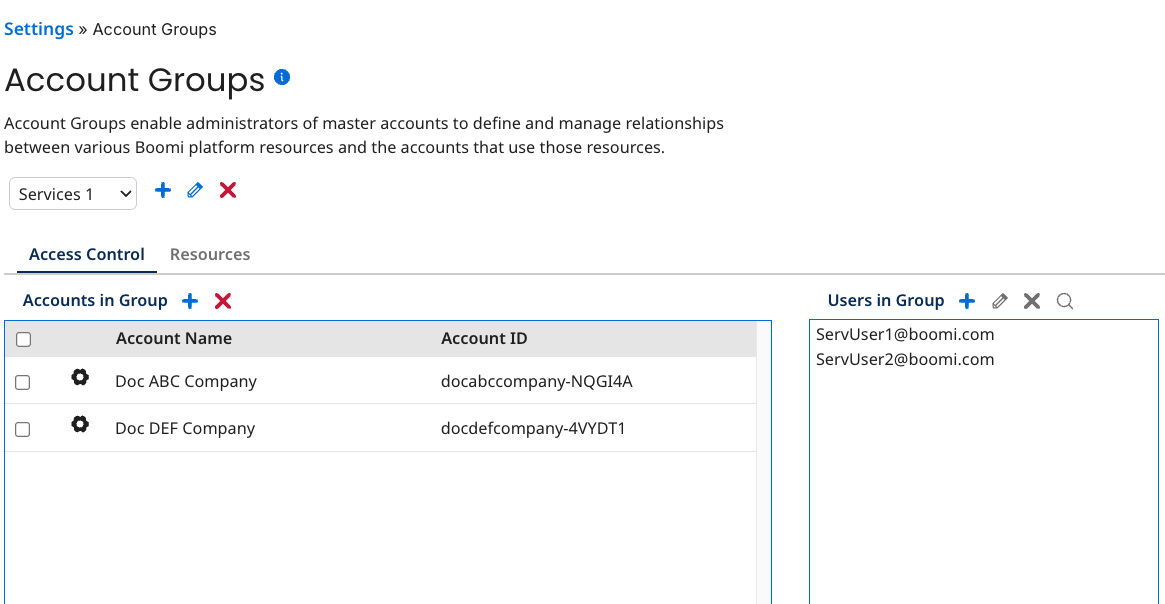 Account Group Services 1 adds ServUser 1 and 2 as standard users